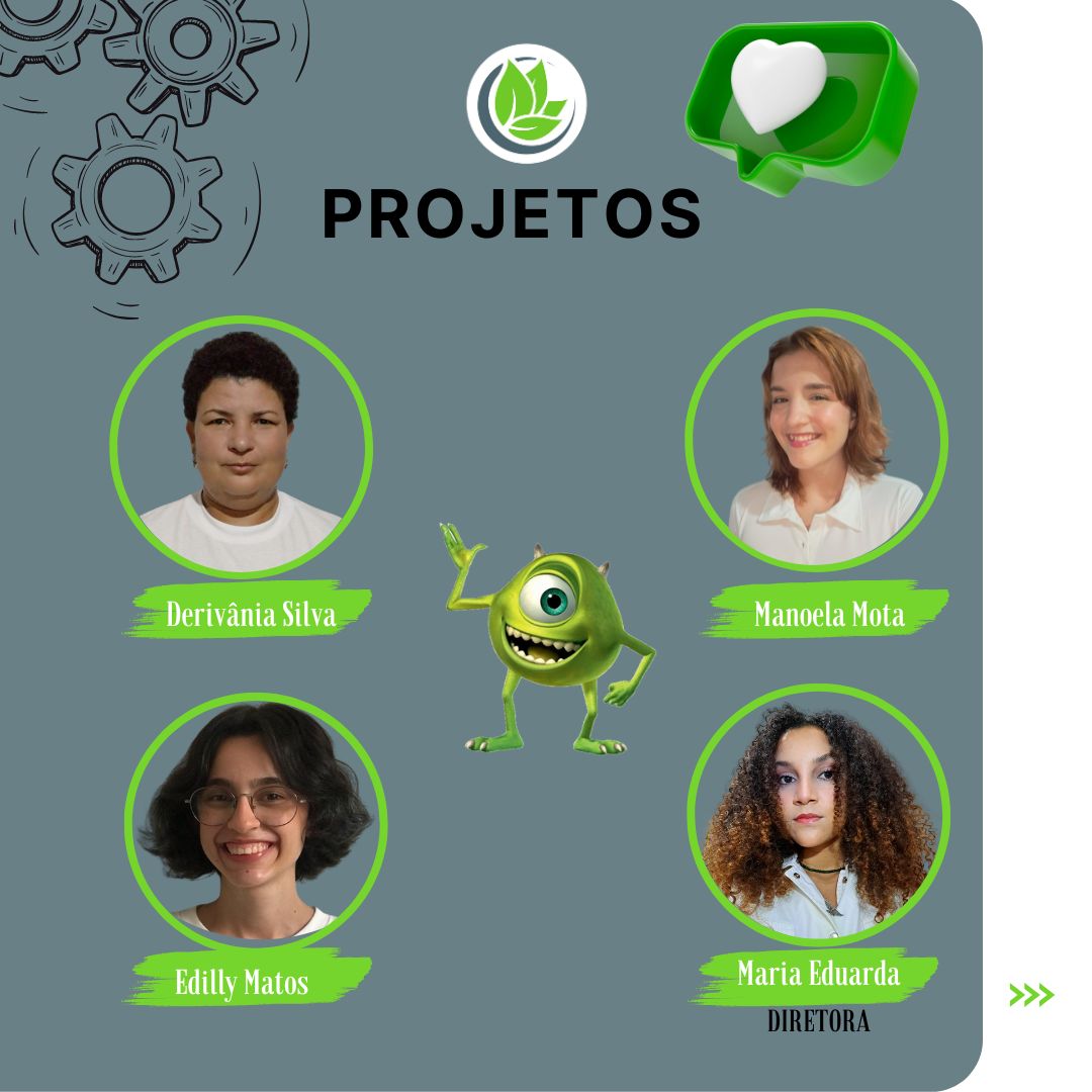 Compondo o time de Projetos, temos a diretora Maria Eduarda Torres Oliveira e suas assessoras Derivânia Silva de Jesus, Edilly Matos da Silva e Manoela Ramos Mota. 