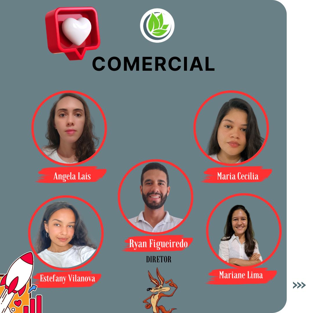 Compondo do time Comercial, temos o diretor Ryan Figueiredo da Fonseca e suas assessoras Angela Laís Santana Santos, Estefany Ferreira Vilanova, Maria Cecília Alves de Almeida Rocha e Mariane Lima de Almeida.