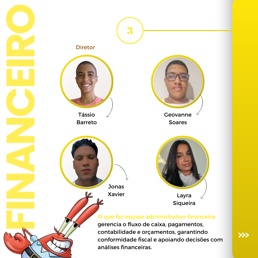 Compondo o time de Administrativo Financeiro, temos o diretor Tássio dos Passos Barreto e seus assessores Geovanne Soares, Jonas Xavier e Layra Siqueira.